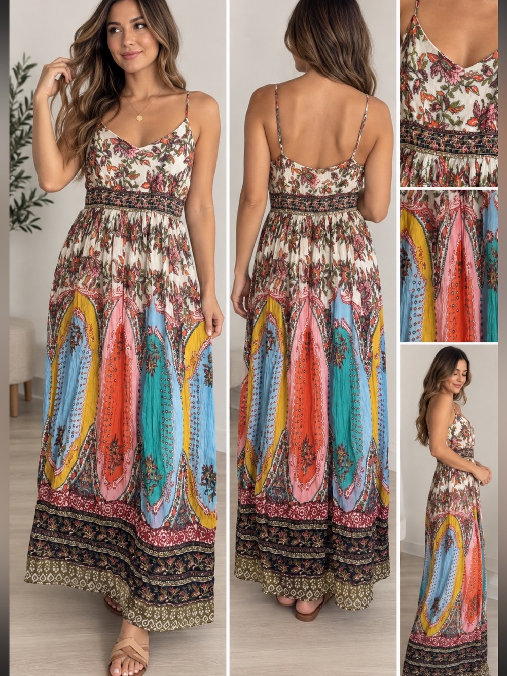 Anthropology multi color spaghetti strap smock Shaffon midi dress size 12